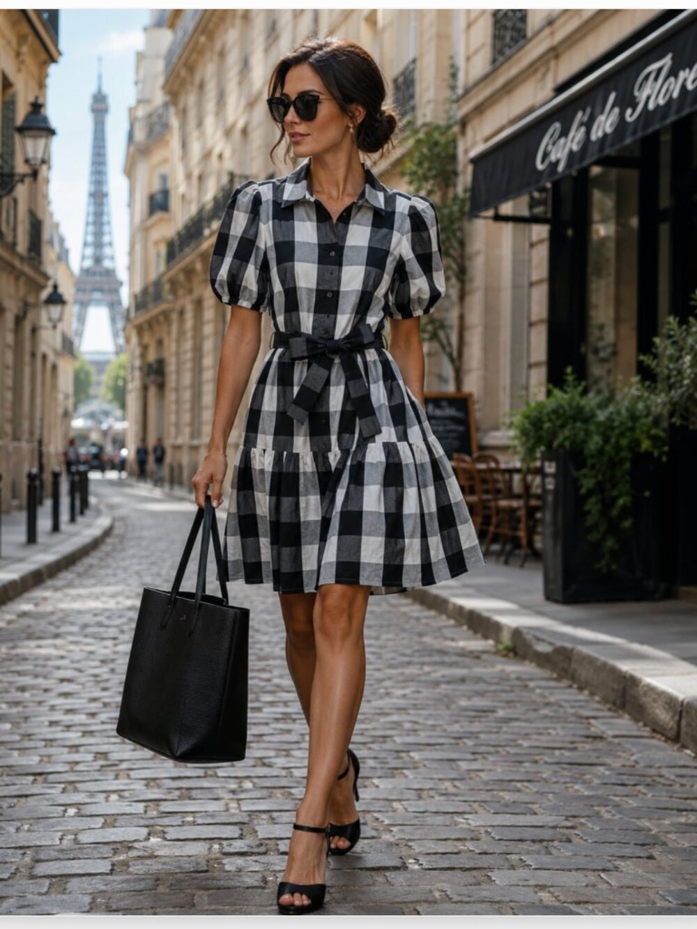 KATE SPADE NWT Black White Gingham Puff Sleeve Button Dress with Tie size XS